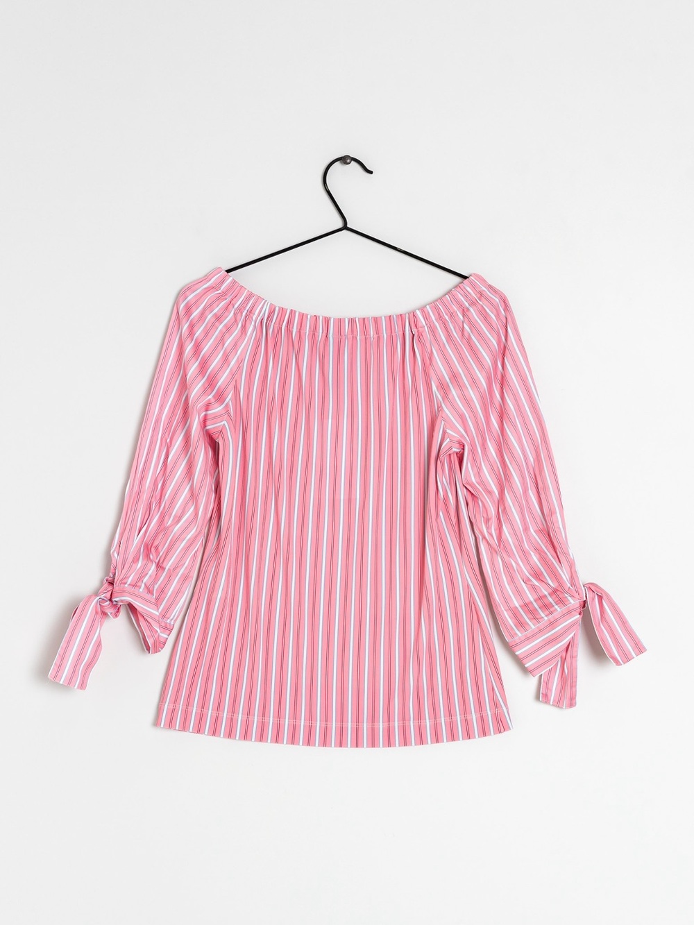 Marc Cain Pink and White Striped Off-Shoulder Tie-Sleeve Blouse